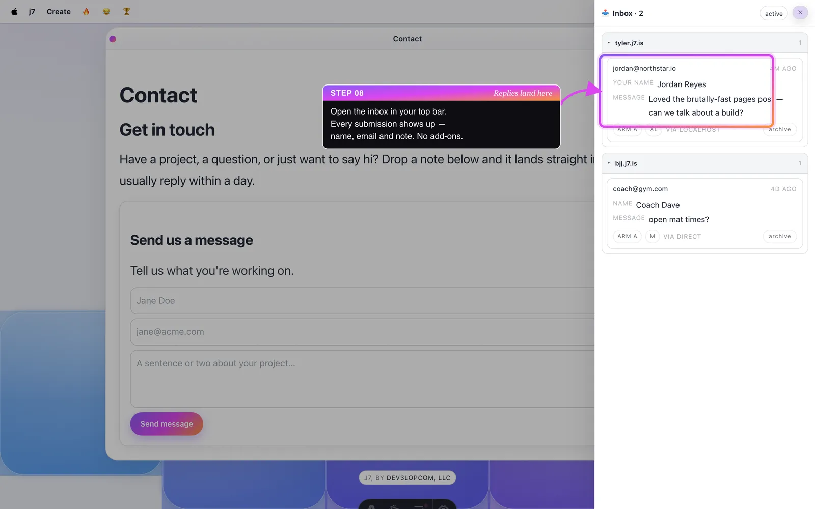 The Studio inbox drawer showing a submitted contact-form message.