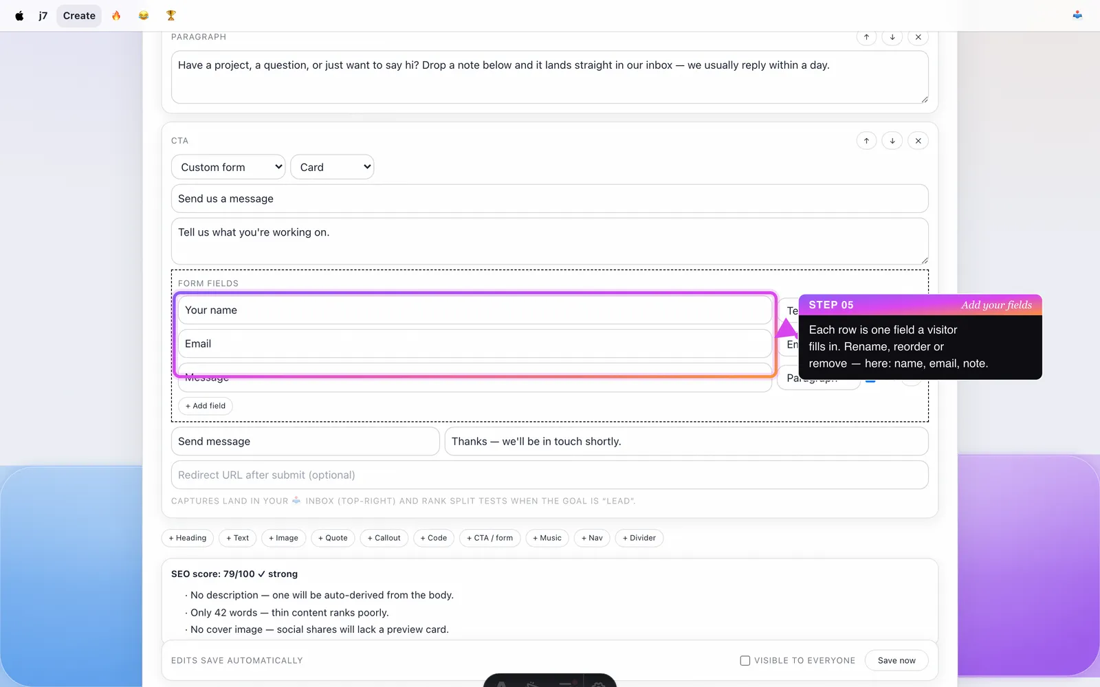 The form block editor showing the Name, Email and Message fields.