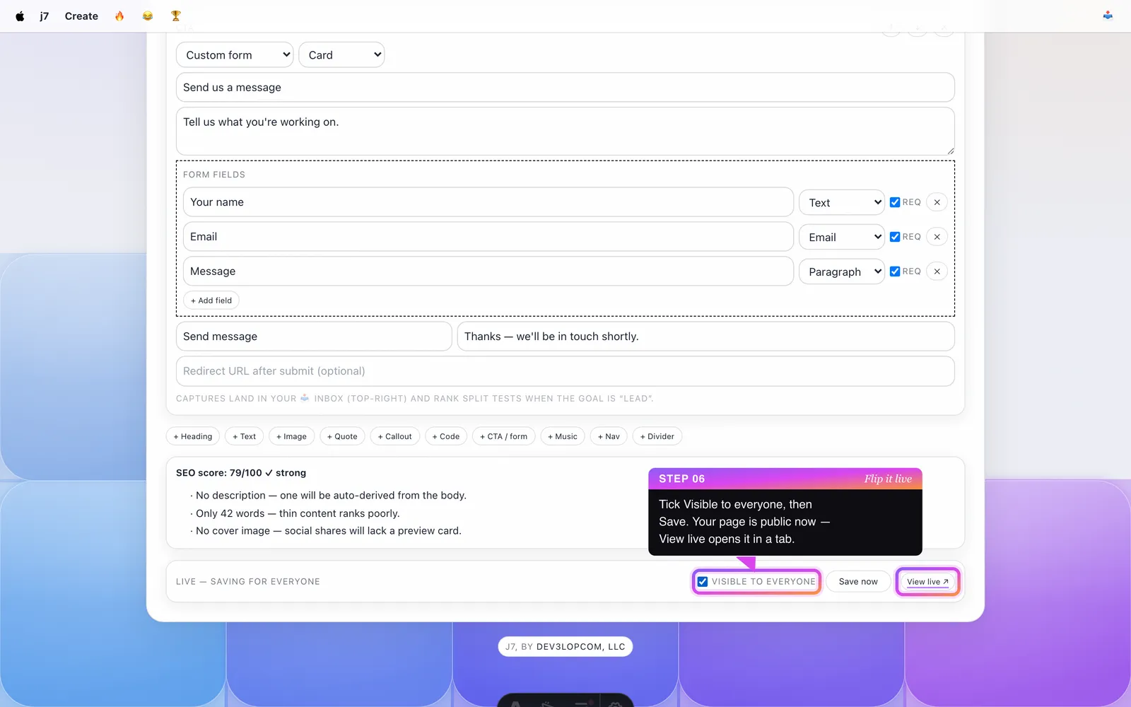 The editor's publish bar with 'Visible to everyone' ticked and a View live button.