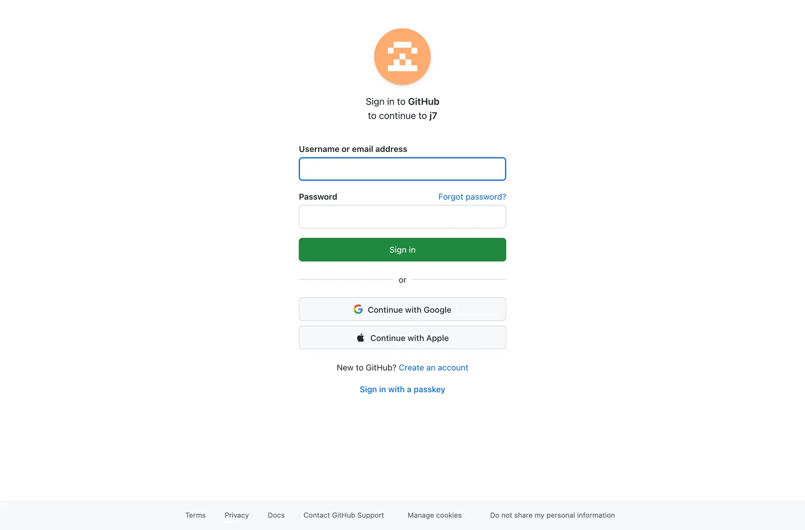GitHub sign-in page that reads: Sign in to GitHub to continue to j7