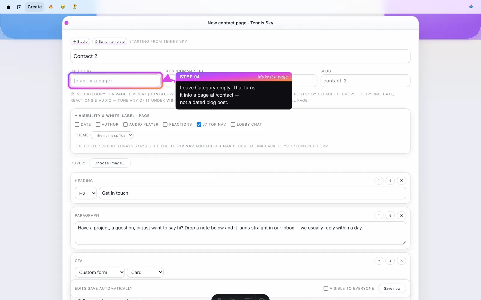 The editor with the Category field empty, showing the 'this becomes a page' helper text.