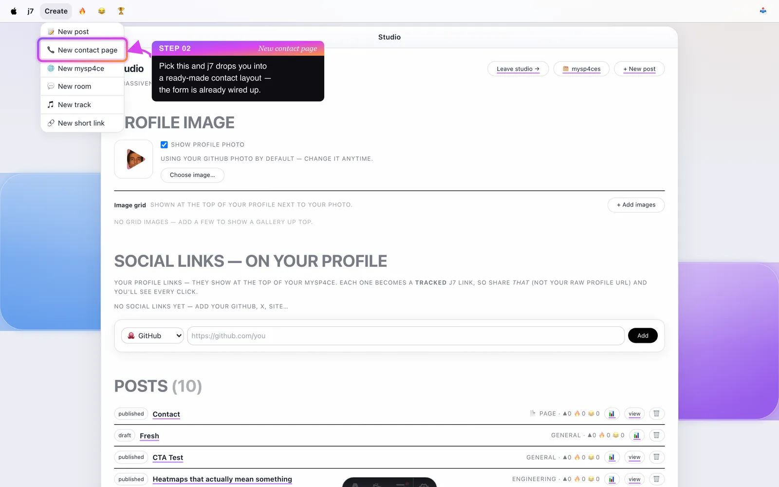 The Create menu open, with 'New contact page' highlighted.
