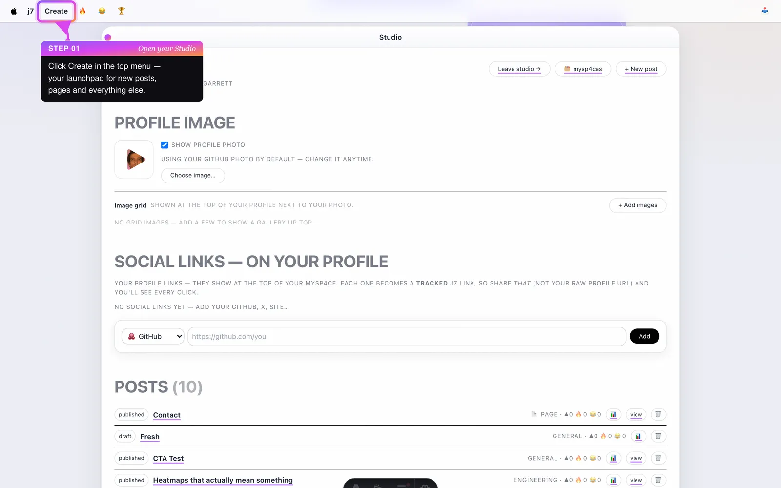 The j7 Studio dashboard with the Create menu highlighted in the top bar.