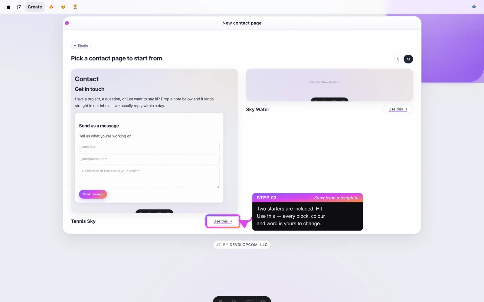 The contact-page template picker showing the Tennis Sky and Sky Water starters.