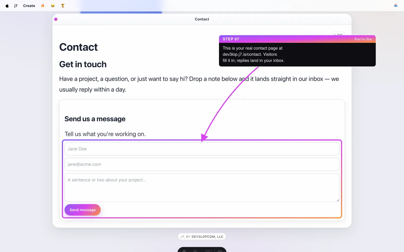 The finished contact page rendered live, with the name, email and message form.