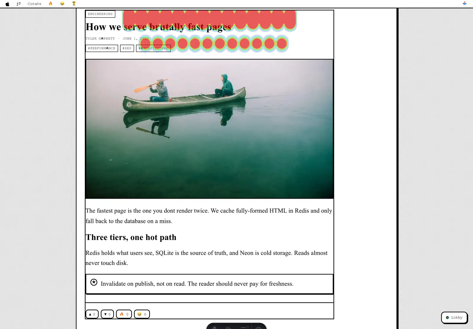 A full-page cursor heatmap overlaid on a published post, with warm colors over the title and content
