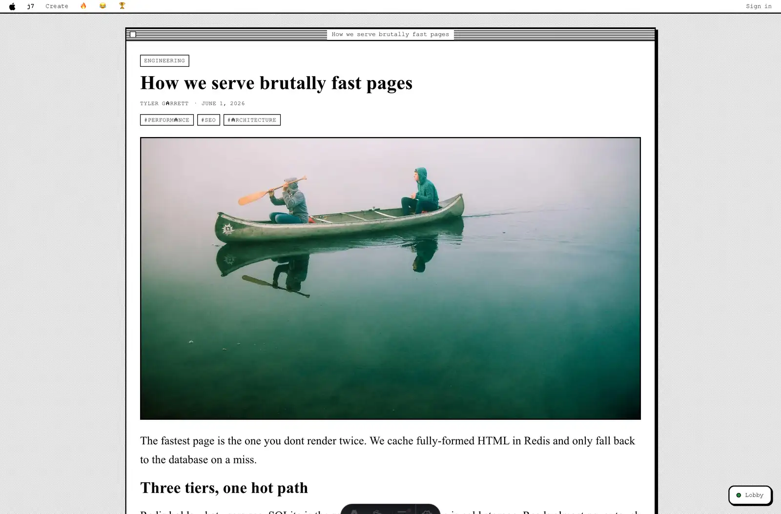 A published j7 post with a cover image, title, byline and body text
