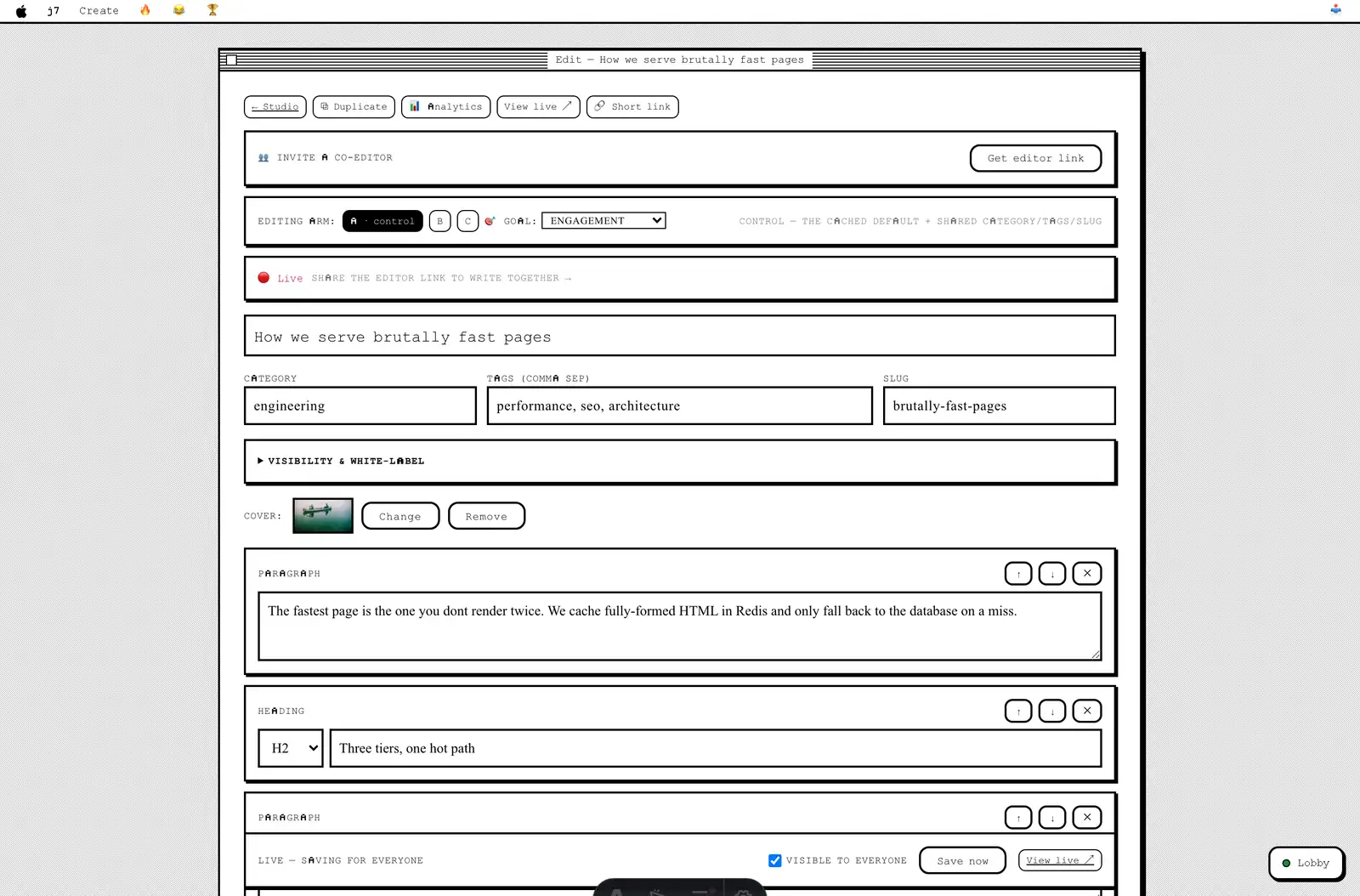 The j7 block editor showing the title, category, slug, cover image and content blocks
