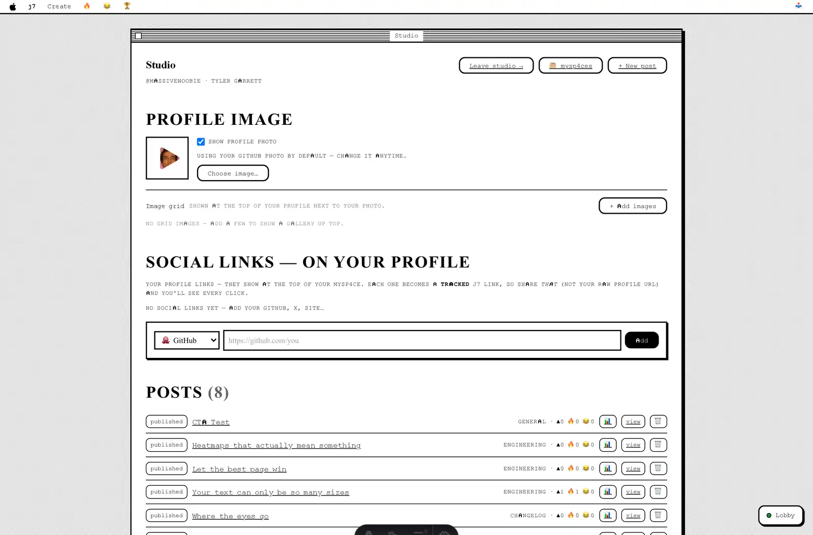 The j7 Studio dashboard showing profile image, social links, and a list of posts